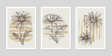 Moda renklerinde çağdaş sanat çiçekli posterler. Soyut el çiçekleri, geometrik elementleri ve vuruşları, yaprakları ve çiçekleri çizer. 