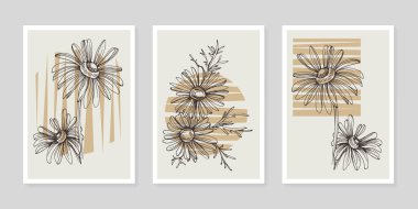 Moda renklerinde çağdaş sanat çiçekli posterler. Soyut el çiçekleri, geometrik elementleri ve vuruşları, yaprakları ve çiçekleri çizer. 