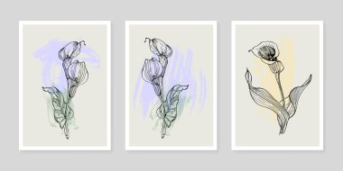 Moda renklerinde çağdaş sanat çiçekli posterler. Soyut el çiçekleri, geometrik elementleri ve vuruşları, yaprakları ve çiçekleri çizer. 
