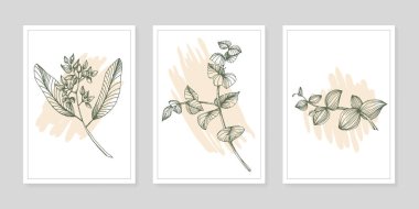 Moda renklerinde çağdaş sanat çiçekli posterler. Soyut el çiçekleri, geometrik elementleri ve vuruşları, yaprakları ve çiçekleri çizer. 