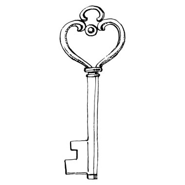 Eski Key skeci. Tasarım için izole bir element. Korunma ve güvenliğin eski bir sembolü. Logo için antika vintage oyma çizimi