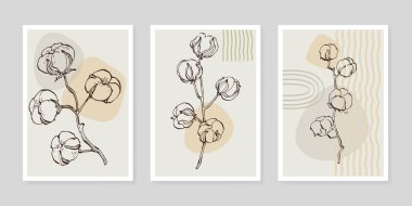 Pamuk çiçek duvarı sanat seti. Soyut şekilli doğa çiziminin yaprakları. Baskı, kapak, duvar kâğıdı ve dekorasyon için modern Soyut Bitki Sanatı tasarımı.