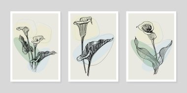 Moda renklerinde çağdaş sanat çiçekli posterler. Soyut el çiçekleri, geometrik elementleri ve vuruşları, yaprakları ve çiçekleri çizer. 