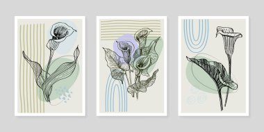 Moda renklerinde çağdaş sanat çiçekli posterler. Soyut el çiçekleri, geometrik elementleri ve vuruşları, yaprakları ve çiçekleri çizer. 