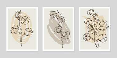 Pamuk çiçek duvarı sanat seti. Soyut şekilli doğa çiziminin yaprakları. Baskı, kapak, duvar kâğıdı ve dekorasyon için modern Soyut Bitki Sanatı tasarımı.