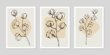 Pamuk çiçek duvarı sanat seti. Soyut şekilli doğa çiziminin yaprakları. Baskı, kapak, duvar kâğıdı ve dekorasyon için modern Soyut Bitki Sanatı tasarımı.