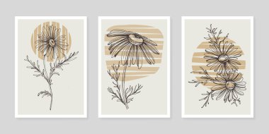 Moda renklerinde çağdaş sanat çiçekli posterler. Soyut el çiçekleri, geometrik elementleri ve vuruşları, yaprakları ve çiçekleri çizer. 