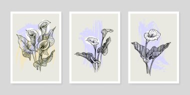 Moda renklerinde çağdaş sanat çiçekli posterler. Soyut el çiçekleri, geometrik elementleri ve vuruşları, yaprakları ve çiçekleri çizer. 