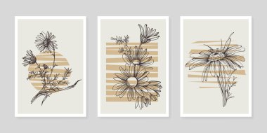 Moda renklerinde çağdaş sanat çiçekli posterler. Soyut el çiçekleri, geometrik elementleri ve vuruşları, yaprakları ve çiçekleri çizer. 