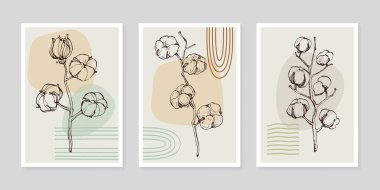 Pamuk çiçek duvarı sanat seti. Soyut şekilli doğa çiziminin yaprakları. Baskı, kapak, duvar kâğıdı ve dekorasyon için modern Soyut Bitki Sanatı tasarımı.