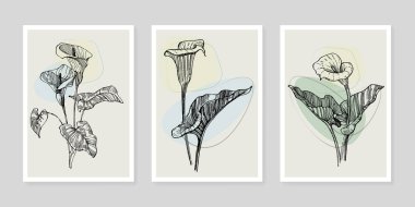 Moda renklerinde çağdaş sanat çiçekli posterler. Soyut el çiçekleri, geometrik elementleri ve vuruşları, yaprakları ve çiçekleri çizer. 