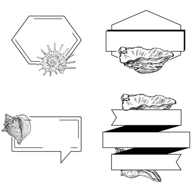 El yapımı kabuk logosu, çerçeve, sınır, promosyon elemanı. Damga şablonu. Minimalist monogram. Rustik zarif marka veya logottip arkaplan.