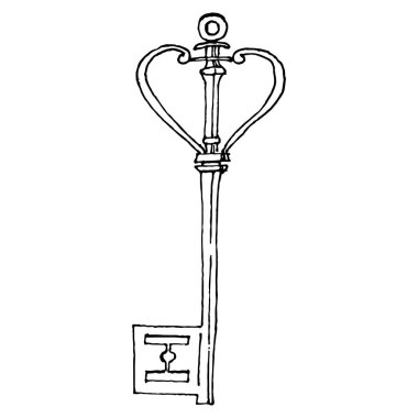Eski Key skeci. Tasarım için izole bir element. Korunma ve güvenliğin eski bir sembolü. Logo için antika vintage oyma çizimi