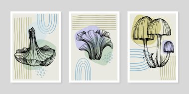 Moda renklerinde çağdaş sanat mantarları posterleri. Soyut el çiçekleri, geometrik elementleri ve vuruşları, yaprakları ve çiçekleri çizer. 