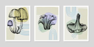 Moda renklerinde çağdaş sanat mantarları posterleri. Soyut el çiçekleri, geometrik elementleri ve vuruşları, yaprakları ve çiçekleri çizer. 