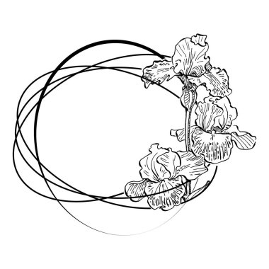 El çizimi irisler çiçek logosu, çerçeve, sınır, tanıtım elementleri. Damga şablonu. Minimalist monogram. Rustik zarif marka veya logottip arkaplan.