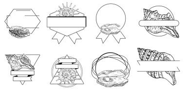 El yapımı kabuk logosu, çerçeve, sınır, promosyon elemanı. Damga şablonu. Minimalist monogram. Rustik zarif marka veya logottip arkaplan.