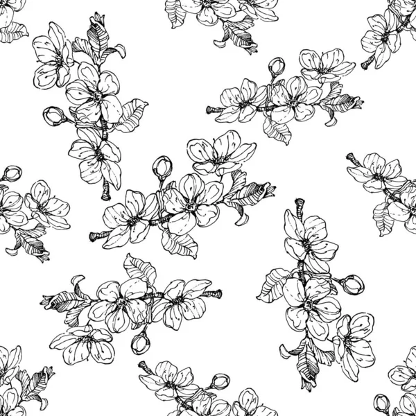 Schema Botanico Senza Soluzione Continuità Mazzo Ciliegia Bianca Nera Disegnata — Vettoriale Stock