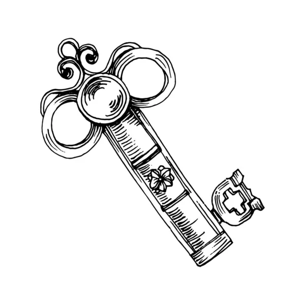 Old Key Skizze Isoliertes Element Für Design Gravieren Vintage Illustration — Stockvektor