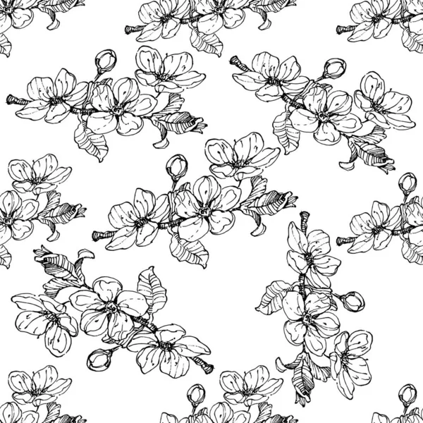 Schema Botanico Senza Soluzione Continuità Mazzo Ciliegia Bianca Nera Disegnata — Vettoriale Stock