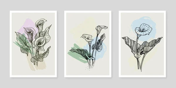 Współczesna Sztuka Plakaty Kwiatowe Modnych Kolorach Abstrakcyjne Ręcznie Rysowanie Kwiatów — Wektor stockowy