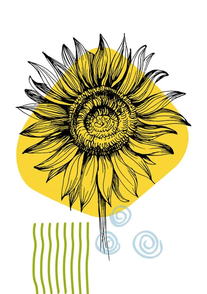Sunflowers Dinding Seni Set Tanaman Dedaunan Seni Garis Alam Menggambar - Stok Vektor