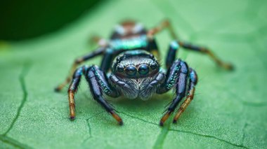 Jumping spider with vibrant blue and green iridescent markings showcasing its eyes and intricate details while resting on a fresh green leaf in its natural habitat