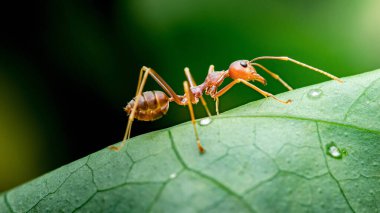 Weaver karıncaları taze çiğ damlacıkları, böcek yaşamı ve nemli tropikal yaprakların canlı makro detaylarıyla benekli yeşil bir yaprakla kesişiyor. Fotoğraf, üretken ai yok