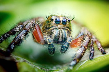 Sıçrayan örümcek, ileriye dönük büyük gözleri ve kıllı vücudu keskin makro, tetikte ve etrafı izleyen canlı yeşil bir yaprağa tünemişti. Fotoğraf, üretken ai yok