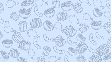 Patates kızartması, sosis, tavuk ve hamburger de dahil olmak üzere elle çizilmiş hamburgerlerin kusursuz çizimleri. Tek renkli mavi taslak çizimi oyuncu tarzlı, paketleme veya arkaplan için idealdir