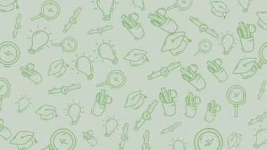 Eğitimin el çizgisi simgelerine sahip kusursuz desen ve kitaplar, mezuniyet şapkaları, kalemler ve ampuller gibi öğrenme öğeleri. Okul veya akademik tema için tek renkli yeşil tasarım ideal