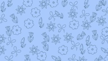 Elle çizilmiş çiçek karalamaları ve yumuşak mavi arka planda yapraklarla kusursuz bir desen. Kumaş baskıları, kırtasiye malzemeleri veya dekoratif arka planlar için ideal.