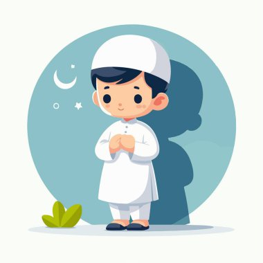 Beyaz giysiler içinde dua eden genç bir Müslüman çocuk tasviri.