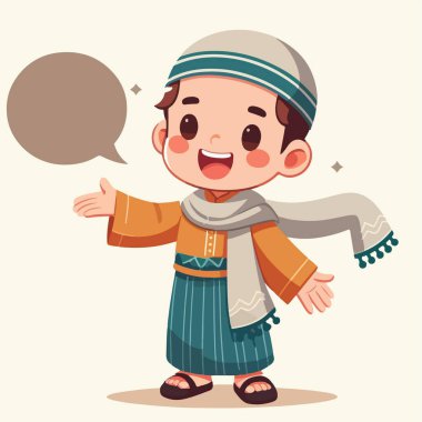 Geleneksel giyinmiş, konuşma balonu olan neşeli bir Müslüman çocuk..