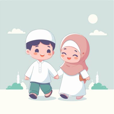 Genç Müslüman bir erkek ve kızın el ele tutuşup birlikte yürüdüğü hoş bir karikatür çizimi. Kız başörtüsü takıyor, oğlan da takı takıyor..