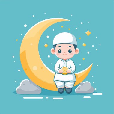 Yıldızlı bir gece gökyüzünün altında, altın bir hilal üzerinde huzur içinde oturan beyaz elbiseli genç bir müslüman çocuğun büyüleyici bir çizimi..