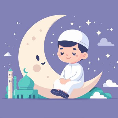 Beyaz elbiseli genç Müslüman bir çocuğun büyüleyici bir karikatürü. Hilal ay ışığında, yıldızlı bir gökyüzünün altında ve yakınlardaki bir caminin altında oturuyor..
