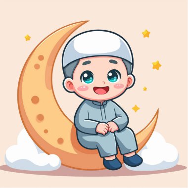 Hilal ay ışığında bulutlu yıldızlı bir gökyüzüne karşı mutlu bir şekilde oturan genç Müslüman bir çocuğun büyüleyici bir çizimi..