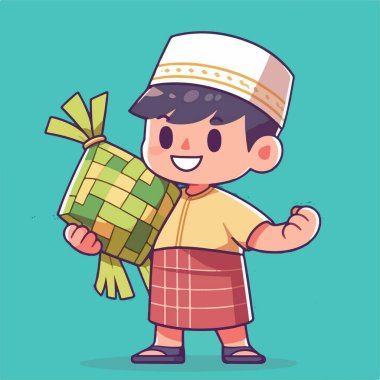 Geleneksel kıyafet giymiş neşeli bir çizgi film çocuğu, bayram kutlamalarının sembolü olan ketupat tutuyor..