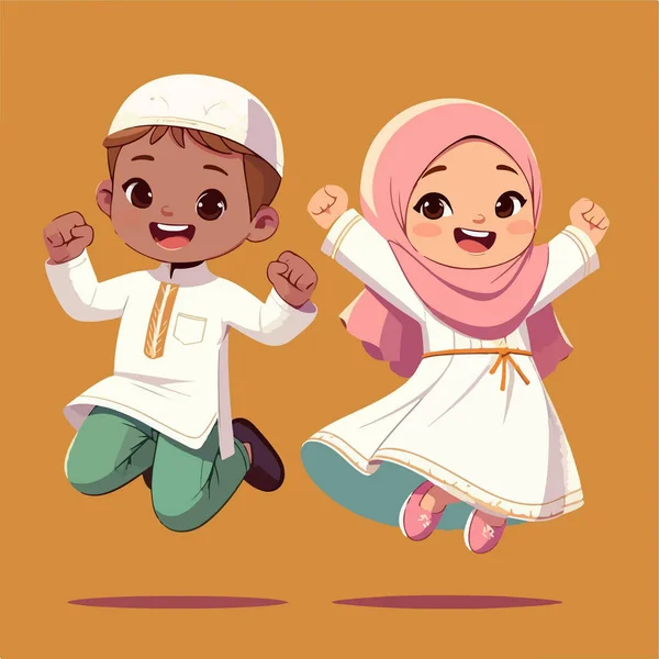 İki mutlu Müslüman çocuk sevinç ve heyecanla zıplıyorlar..