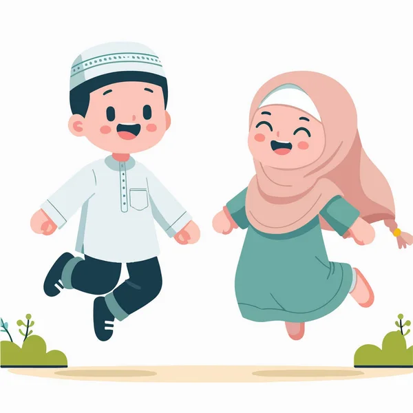 İki neşeli Müslüman çocuk, bir oğlan ve bir kız, neşeyle zıplıyorlar. Geleneksel İslami giysiler giymişler, mutluluk ve dostluğu kutluyorlar..