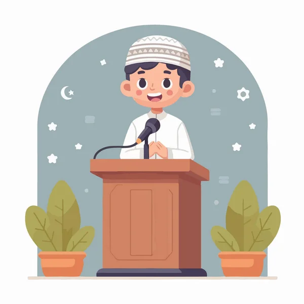 Kafasında kufi şapkası olan genç bir Müslüman çocuk, mikrofonla tahta bir kürsüde konuşmaya hazır bekliyor. Geleneksel İslami kıyafetler giyiyor..