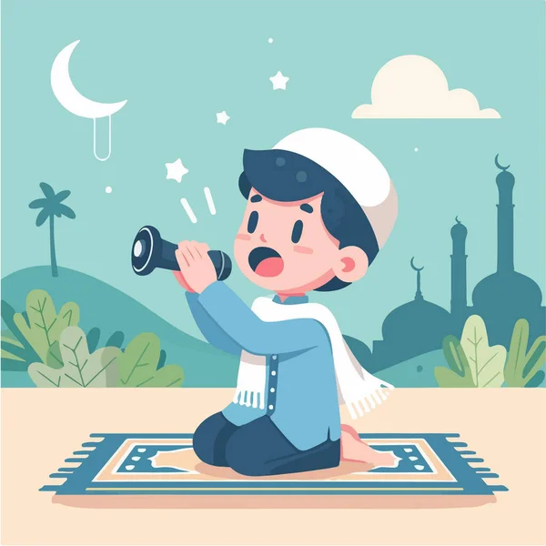 Genç bir Müslüman çocuk hilal ayını gözlemlemek için bir teleskop kullanıyor ve arka planda camiler ve sakin bir gece gökyüzü ile Ramazan 'ın başlangıcını işaret ediyor..