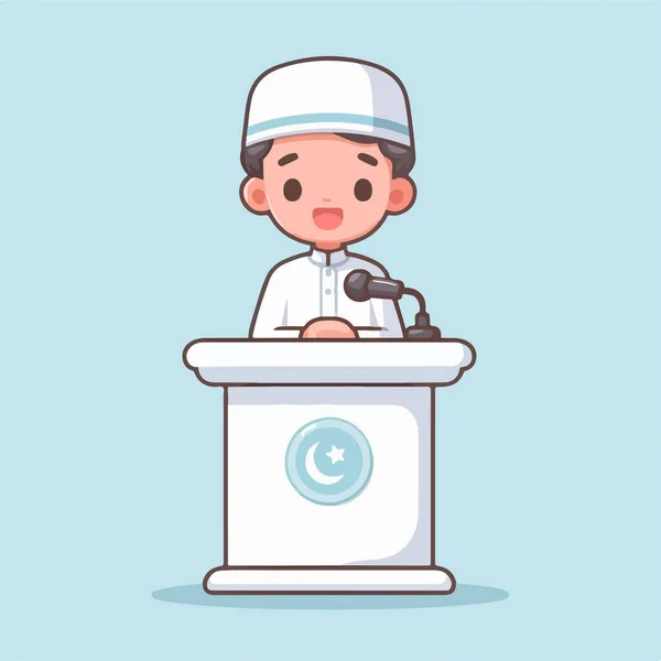 Beyaz podyumda açık mavi bir arkaplanda beyaz bir kürsüde konuşma yapan bir Müslüman çocuk tasviri..