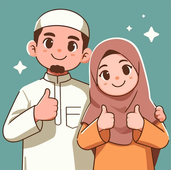 Mutlu Müslüman bir çiftin onay ve pozitifliği sembolize eden bir çizgi film çizimi..