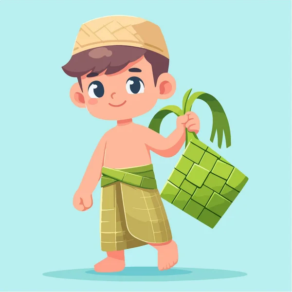 Geleneksel giysiler içinde, elinde ketupla bayram ruhunu sembolize eden genç bir Müslüman çocuğun büyüleyici bir çizimi..