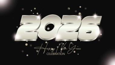 3D metallic numerals 2026 with 'Happy New Year' text and festive glitter overlay Celebration Confetti