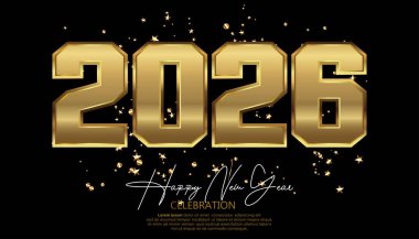 Gleaming gold 2026 numbers with celebratory confetti and stars against a black background New Year Celebration