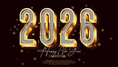 Luxurious 3D golden numbers 2026 with checkerboard pattern and bokeh lights New Year Happy New Year celebration