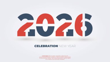 Bold graphic numbers 2026 in red and blue create a modern abstract design with celebratory text New Year